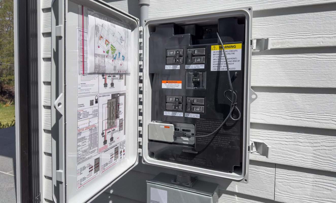 An open electrical panel with circuit breakers and a wiring diagram attached.