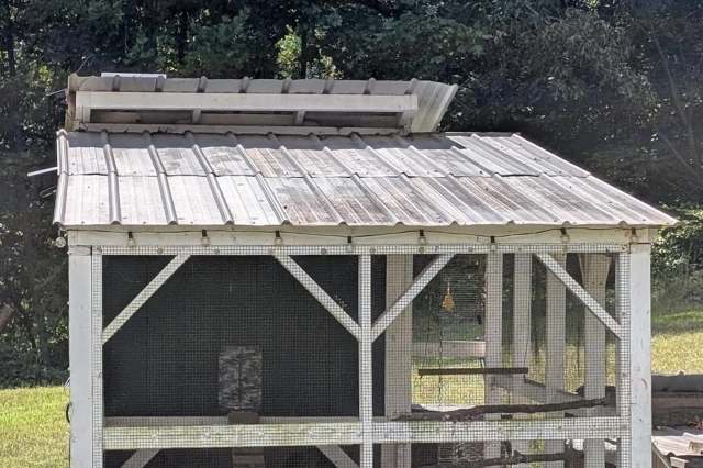 A wooden birdhouse with a slanted metal roof and wire mesh sides, surrounded by greenery.