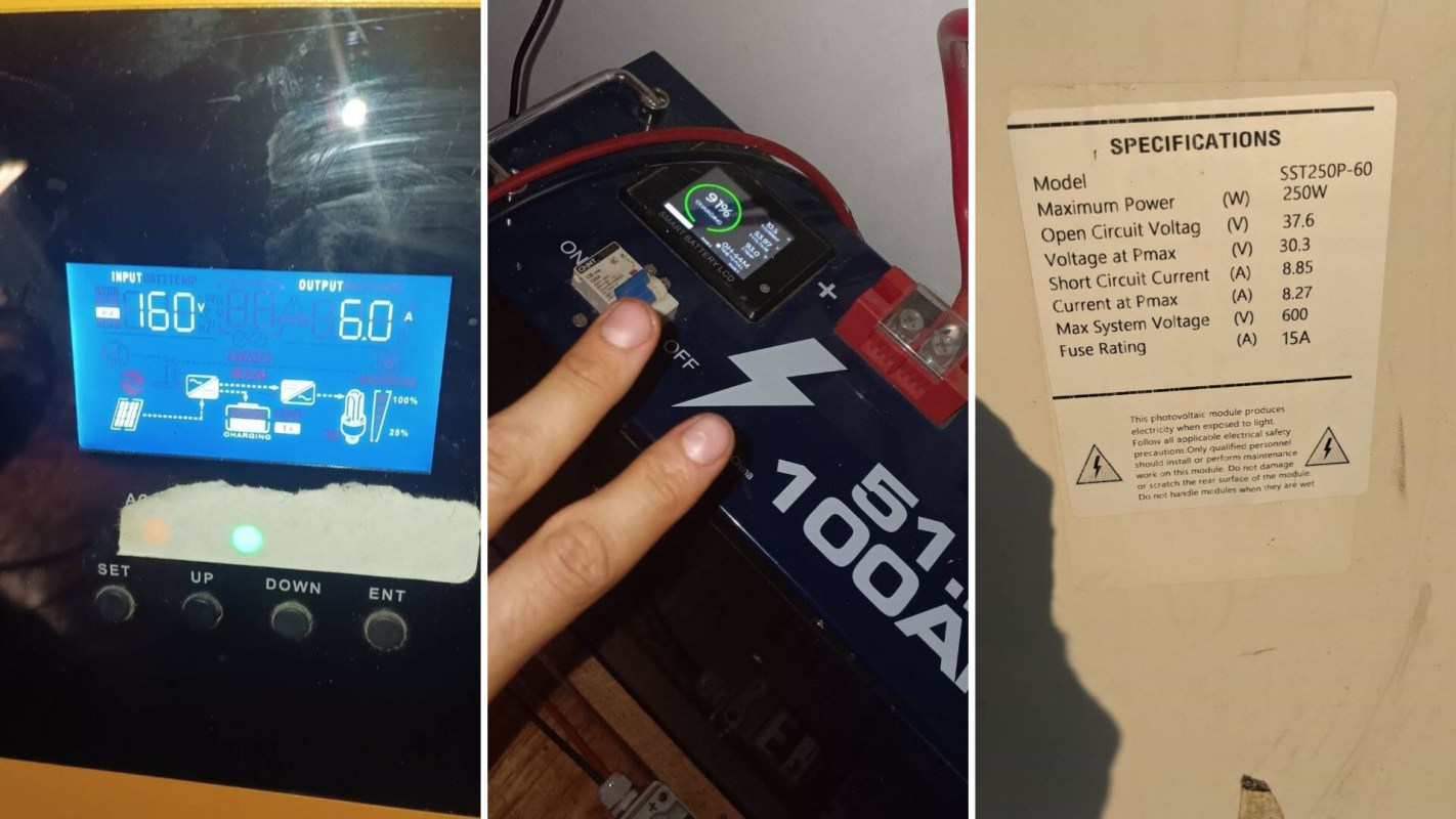 Readings of a DIY solar panel meter, the battery, and the specifications information