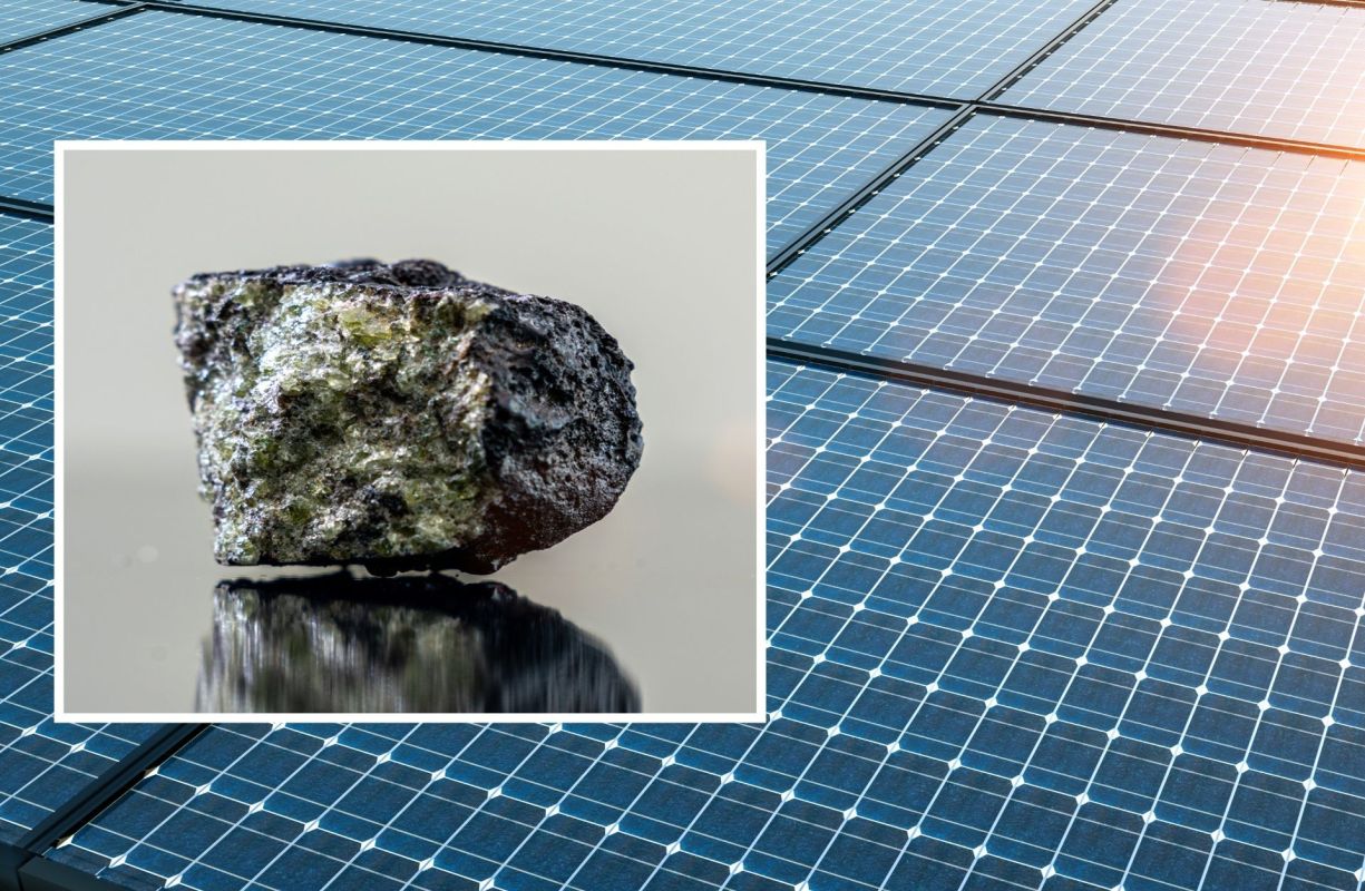 A perovskite rock superimposed on solar panels.