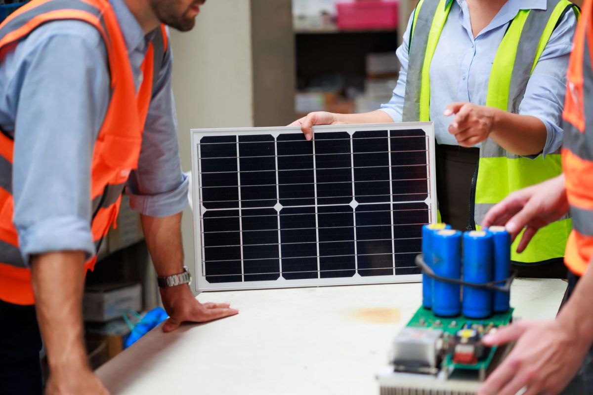 Two individuals in safety vests discuss a solar panel and electronic components on a table.
