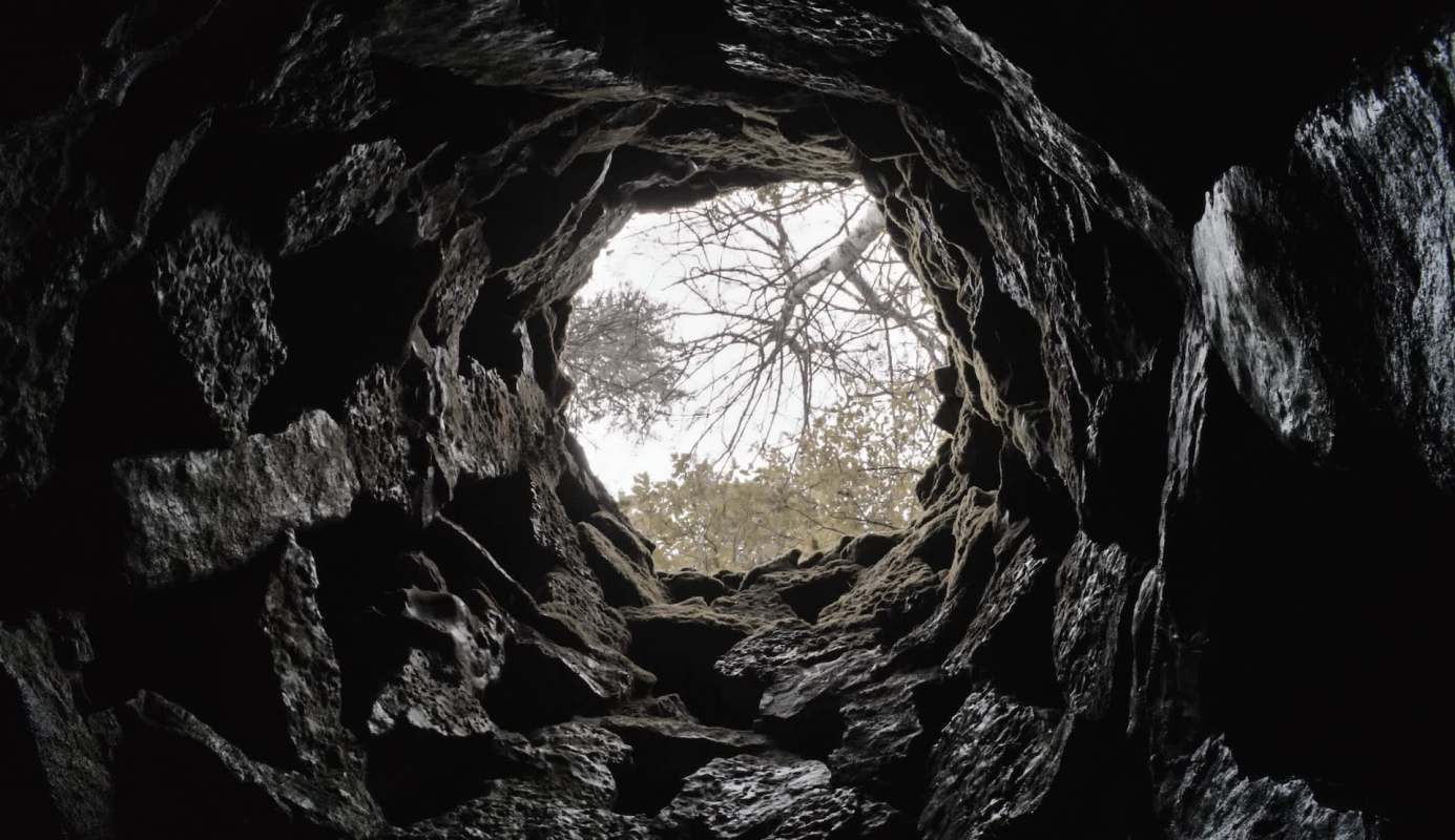 Upward view from inside a stone well.