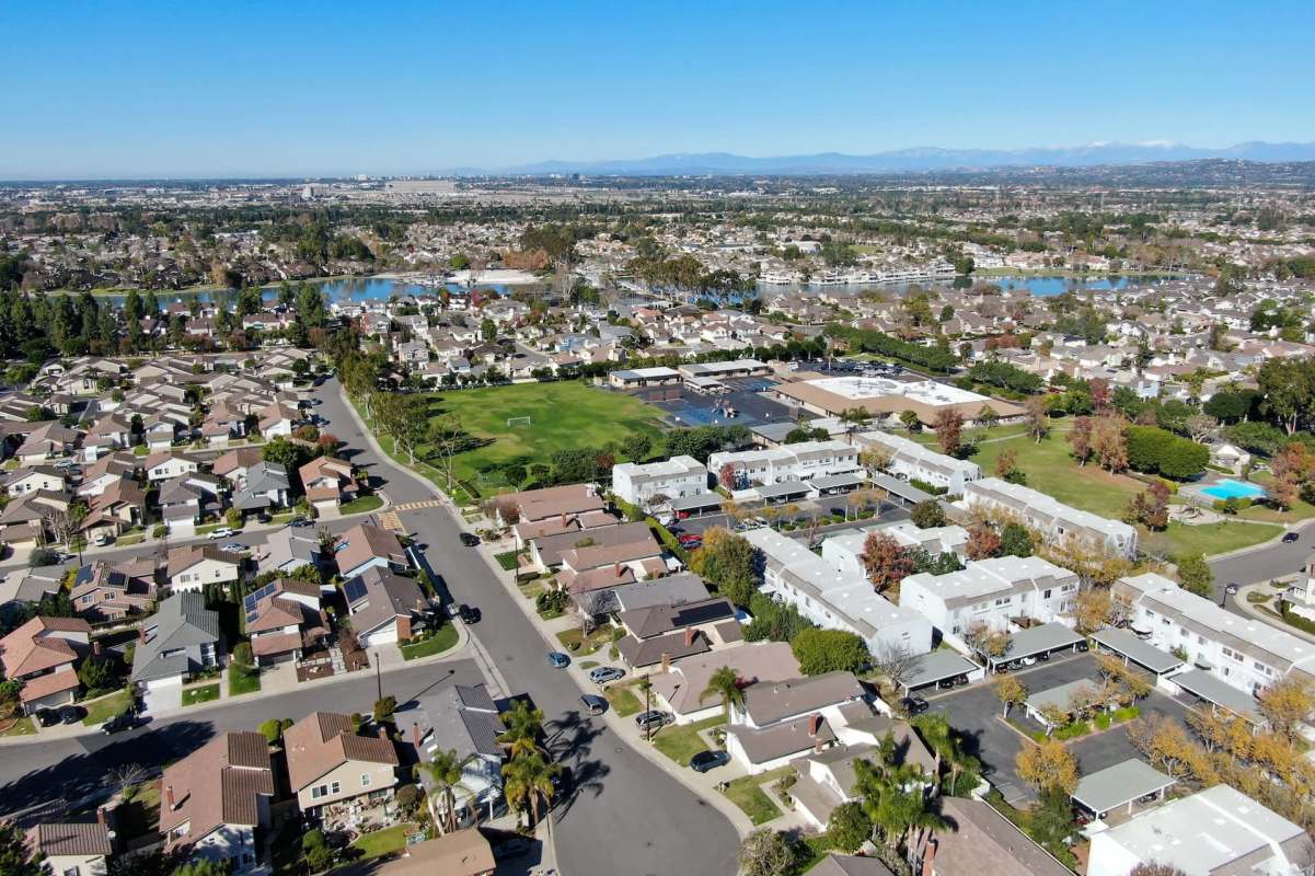 Aerial view of residential neighborhood in Irvine, California.