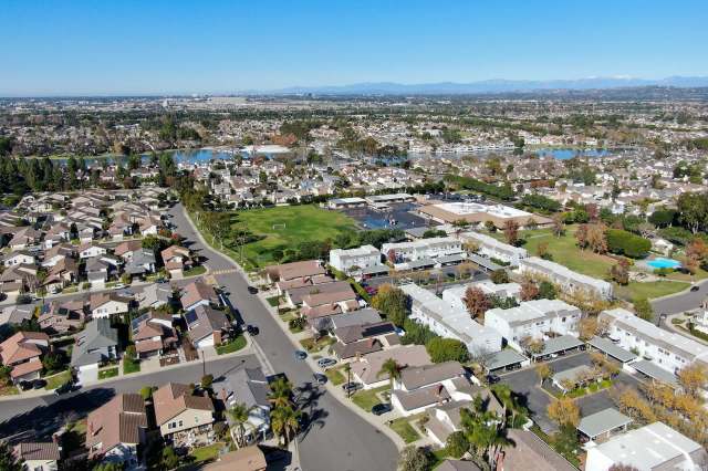 Aerial view of residential neighborhood in Irvine, California.