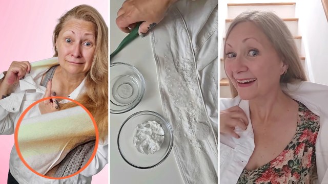 A woman points at a stain on her shirt, alongside bowls of cleaning materials on a table.