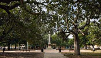 A park featuring large trees and a monument surrounded by benches and a pathway.