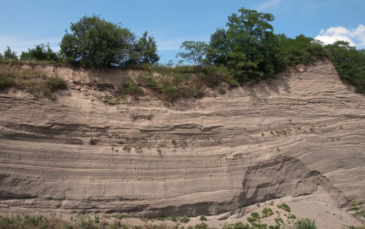 Layered sedimentary rock formation with vegetation at the top under a blue sky.