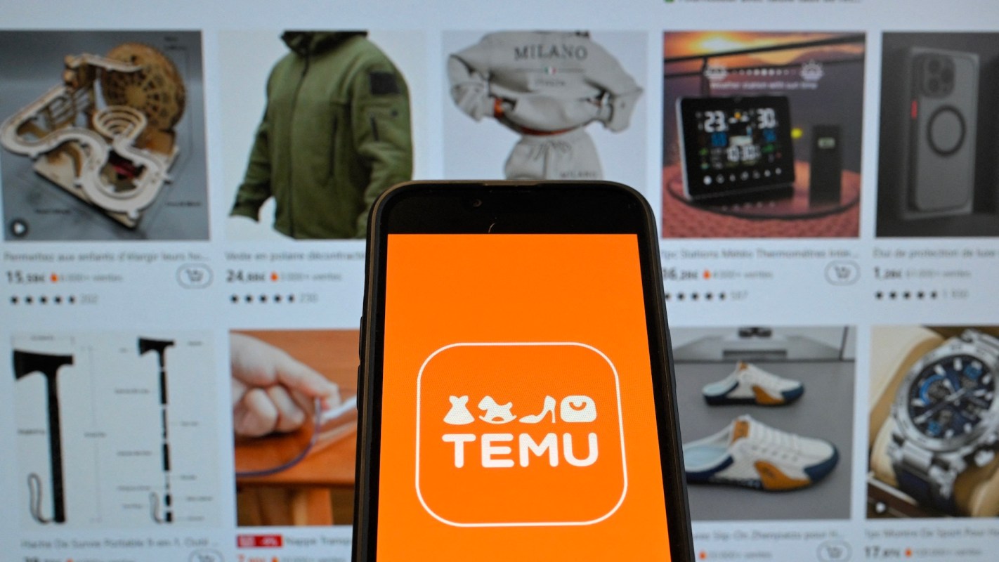 A smartphone displays the Temu app logo, with various products in the background.