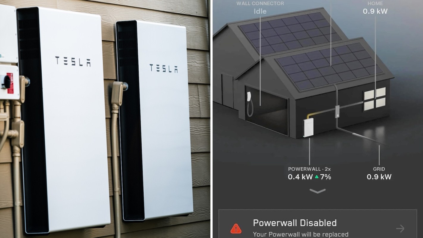 Two Tesla Powerwalls mounted on a wall next to an illustration of a house with solar panels and energy data display.