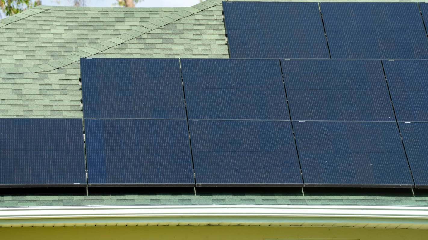 Solar panels installed on a green shingle roof.