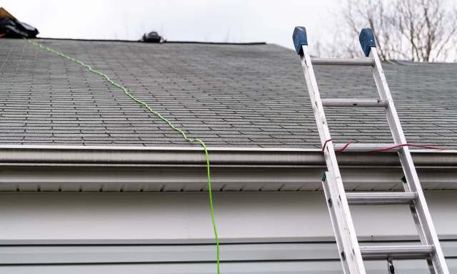 A ladder leaning against a house next to a roof with green cord and shingles.