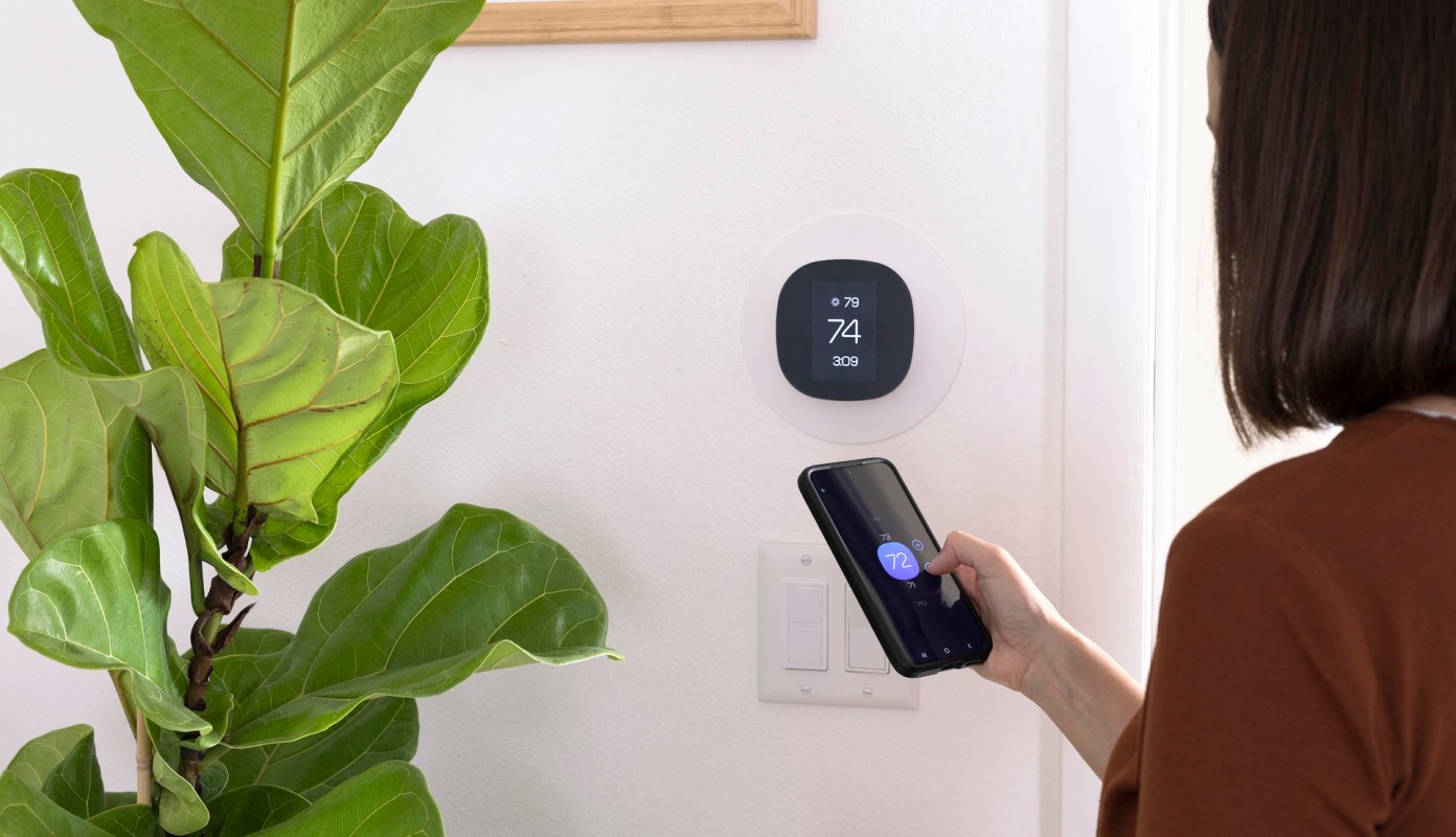 A person adjusts a smart thermostat using a smartphone near a potted plant.