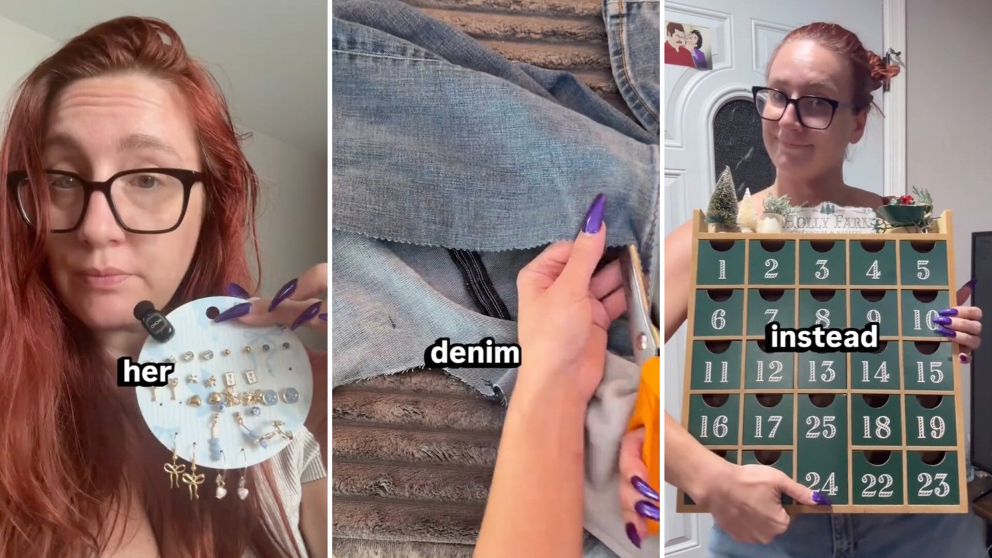 A woman shows a card of earrings, holds denim while cutting it, and presents a decorative calendar.