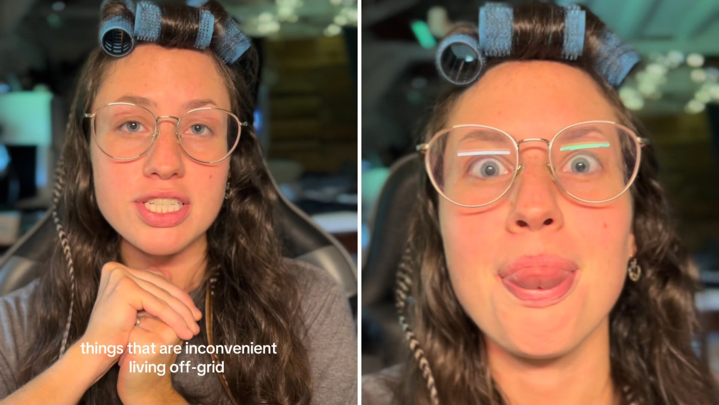 A person with curlers in their hair and glasses poses for a video about living off-grid.