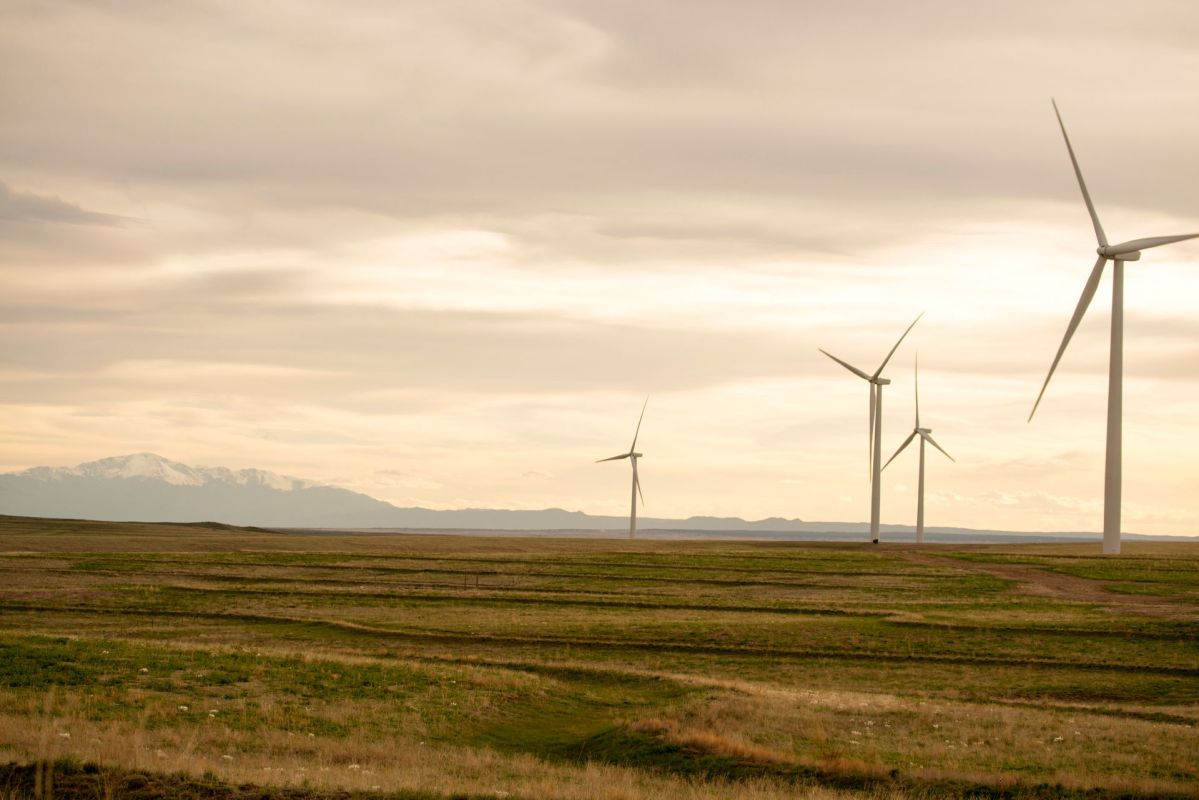 Wind turbines on farmland.