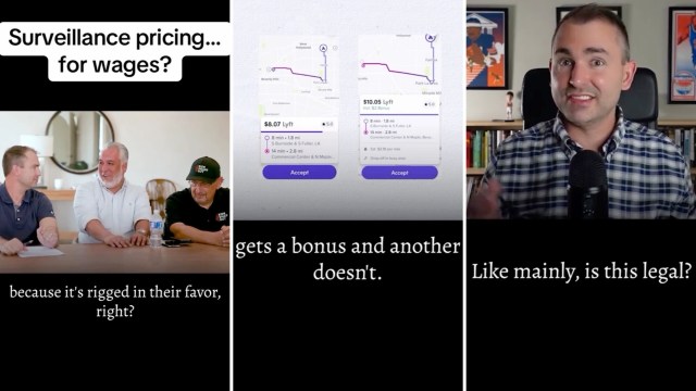 A triptych of people talking at a table, a comparison of two rideshare fares, and a person asking a question.