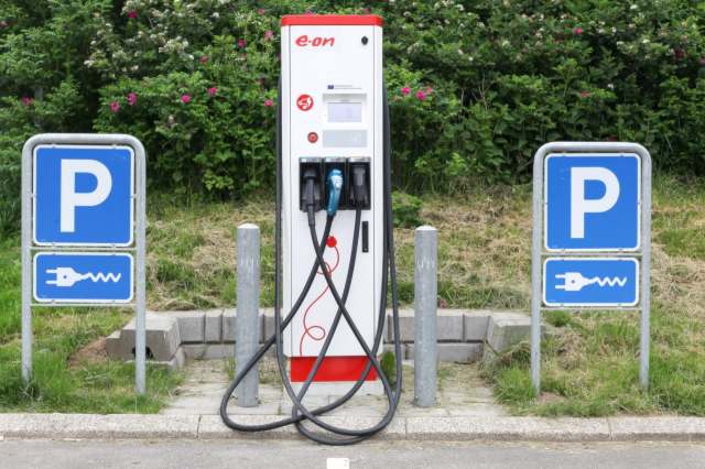 An electric vehicle charging station with two signage posts.