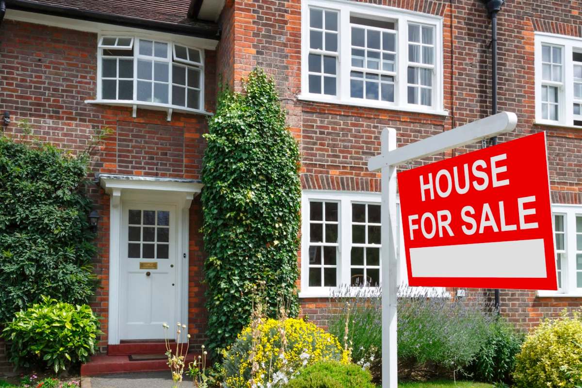 A house with a "For Sale" sign in front and a landscaped yard with various plants.