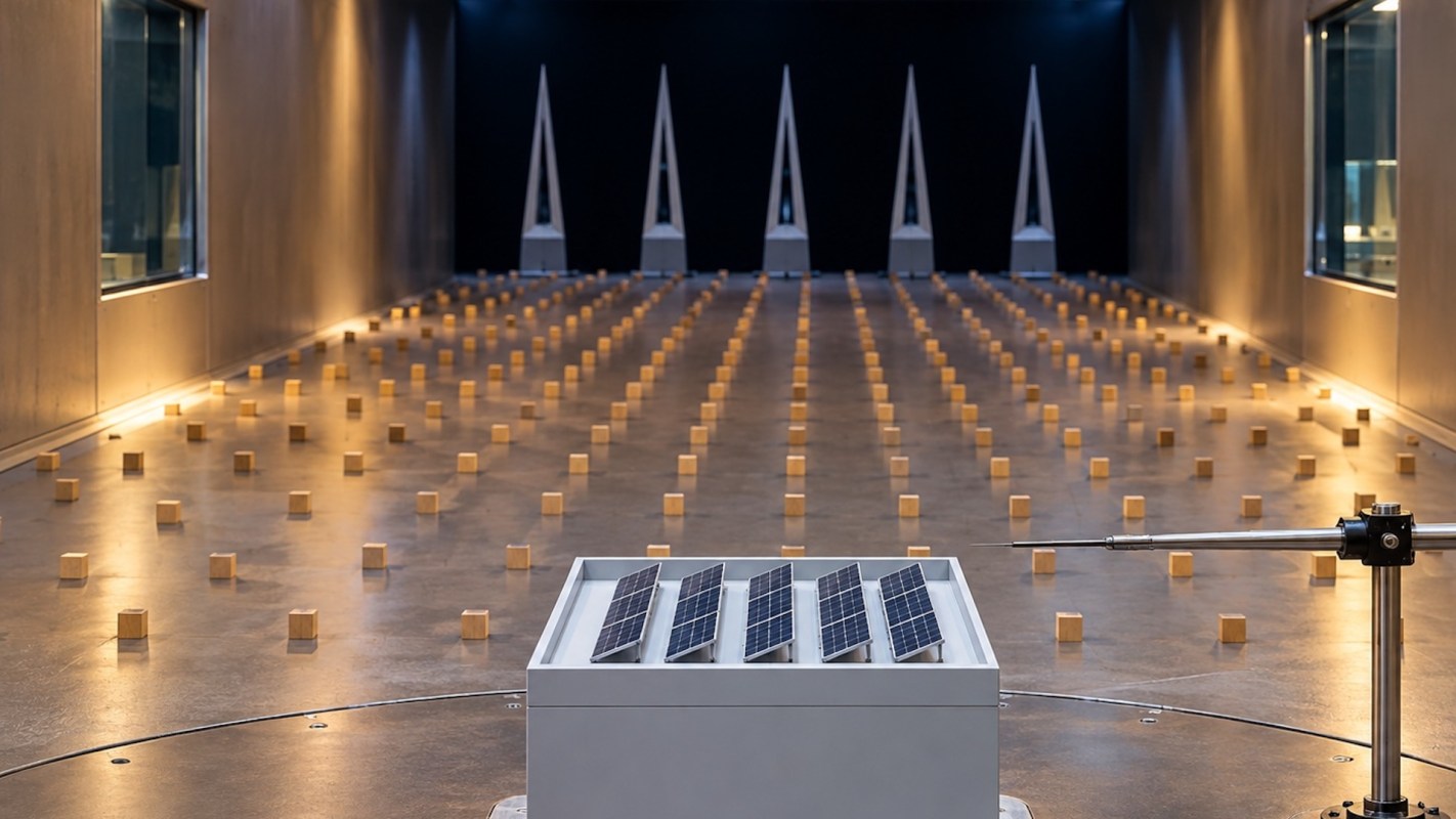 An indoor space features numerous wooden blocks arranged on the floor and a solar panel display in the foreground.