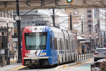 The TRAX Transit Express train in downtown Salt Lake City Utah.