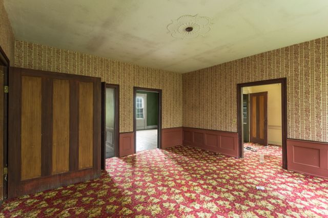 An empty house with flowered wallpaper and carpet.