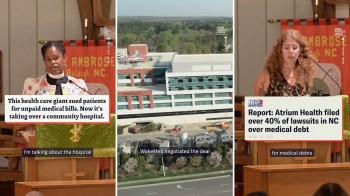 A woman speaks at a podium about a health care giant and its impact on a community hospital.