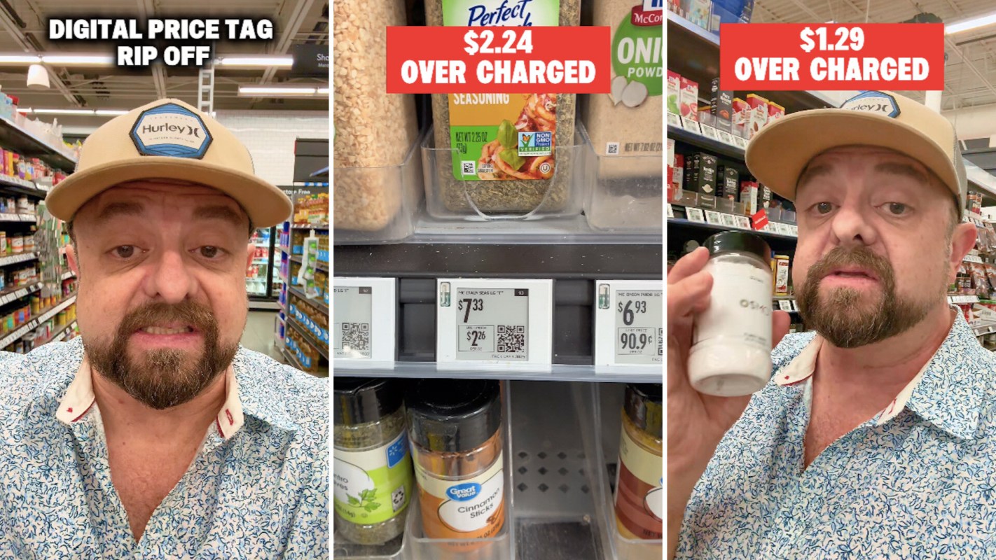 A man in a grocery store holds a spice jar, highlighting price discrepancies on digital tags.