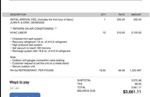 A $3,661.11 bill for HVAC labor. 