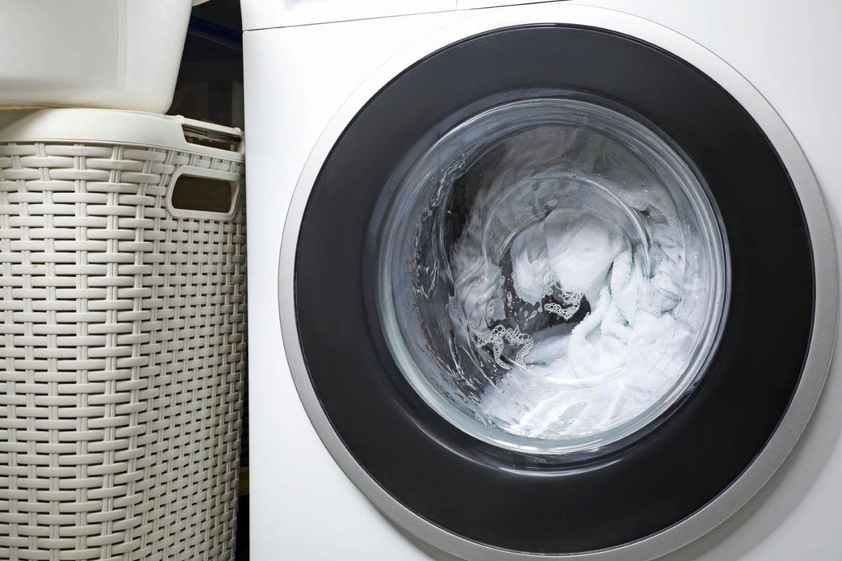 Laundry spinning in a washing machine.