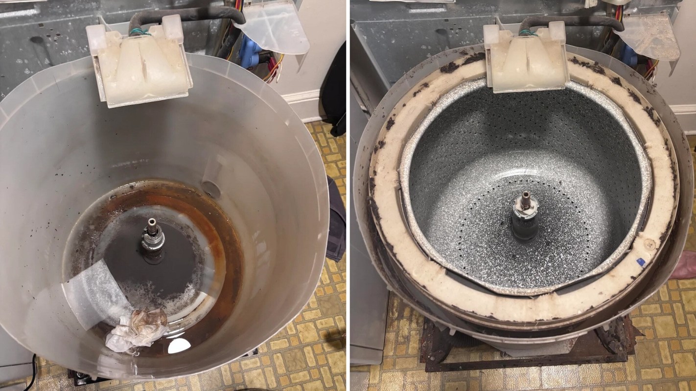 Two images of a washing machine drum, one dirty with brown residue and the other clean and shiny.