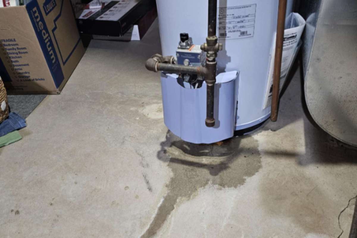 A water heater on a concrete floor with visible water stains and drainage pipes.