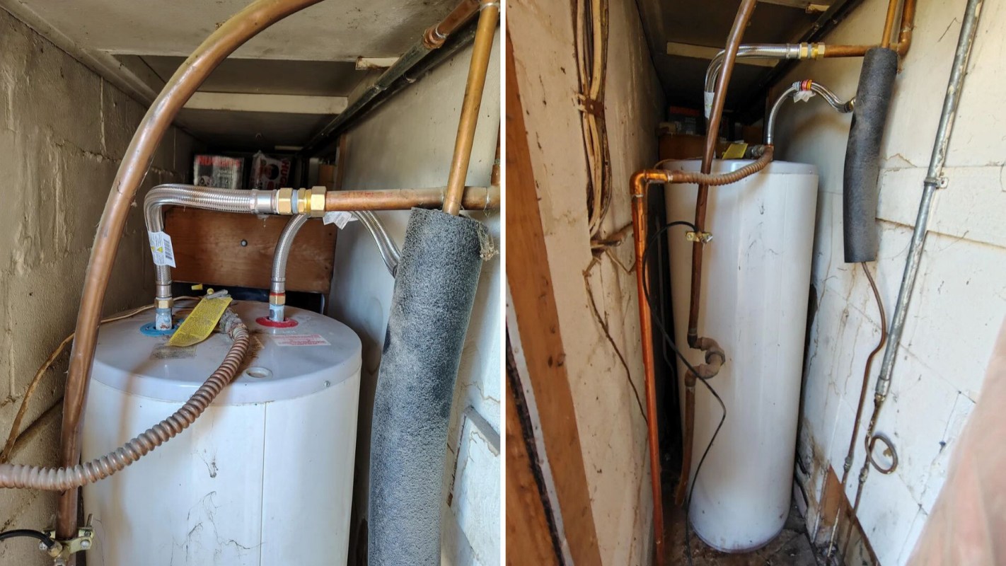 Two images of a water heater with a close shot of the upper tank and a full shot of the entire water heater