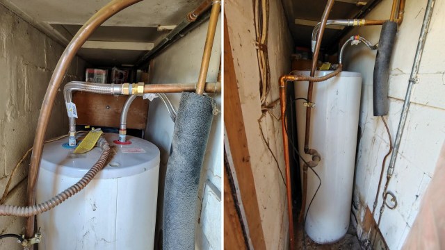 Two images of a water heater with a close shot of the upper tank and a full shot of the entire water heater