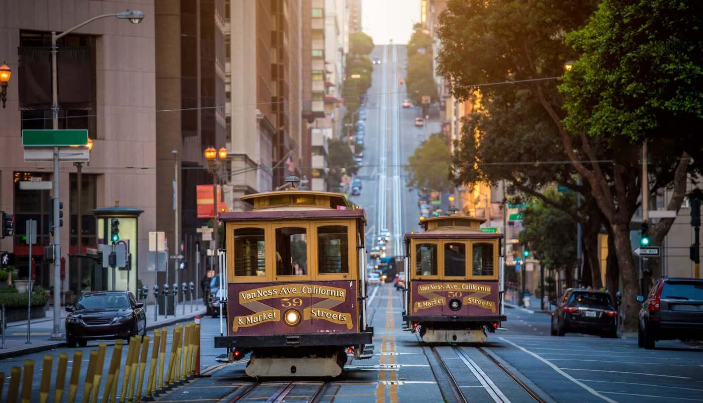 Two historic cable cars in San Francisco.
