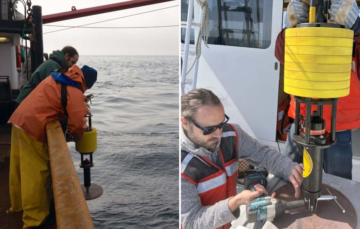 Two scenes of researchers working on a boat, one deploying equipment into the ocean and another assembling tools on deck.