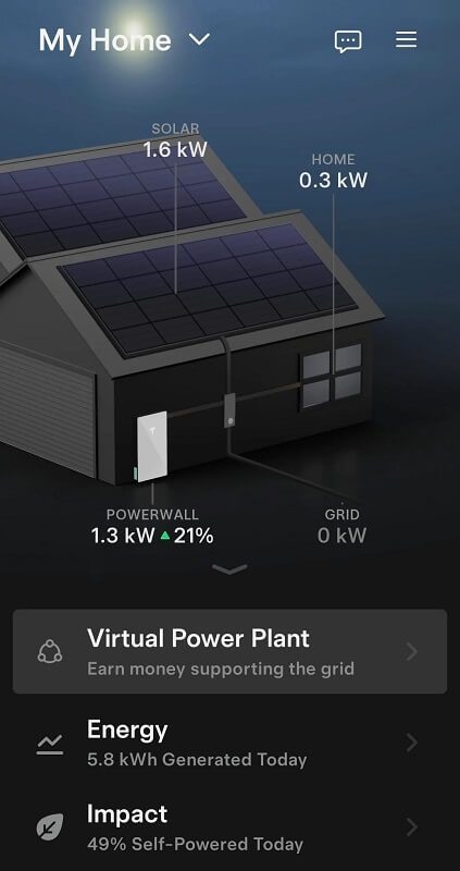 An app screen showing battery production on a Tesla Powerwall.