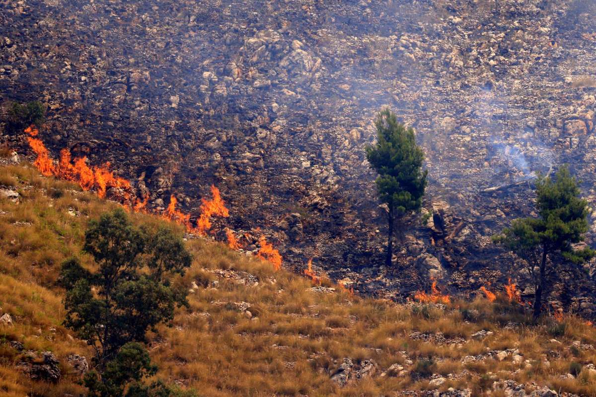 A fire on the side of a mountain with burned grass