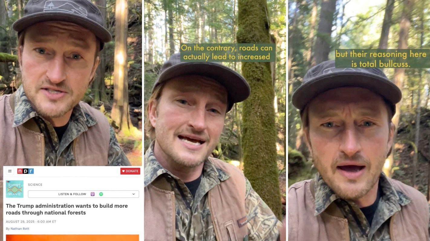 A man speaks outdoors in a forest setting, with text quotes displayed on the image.