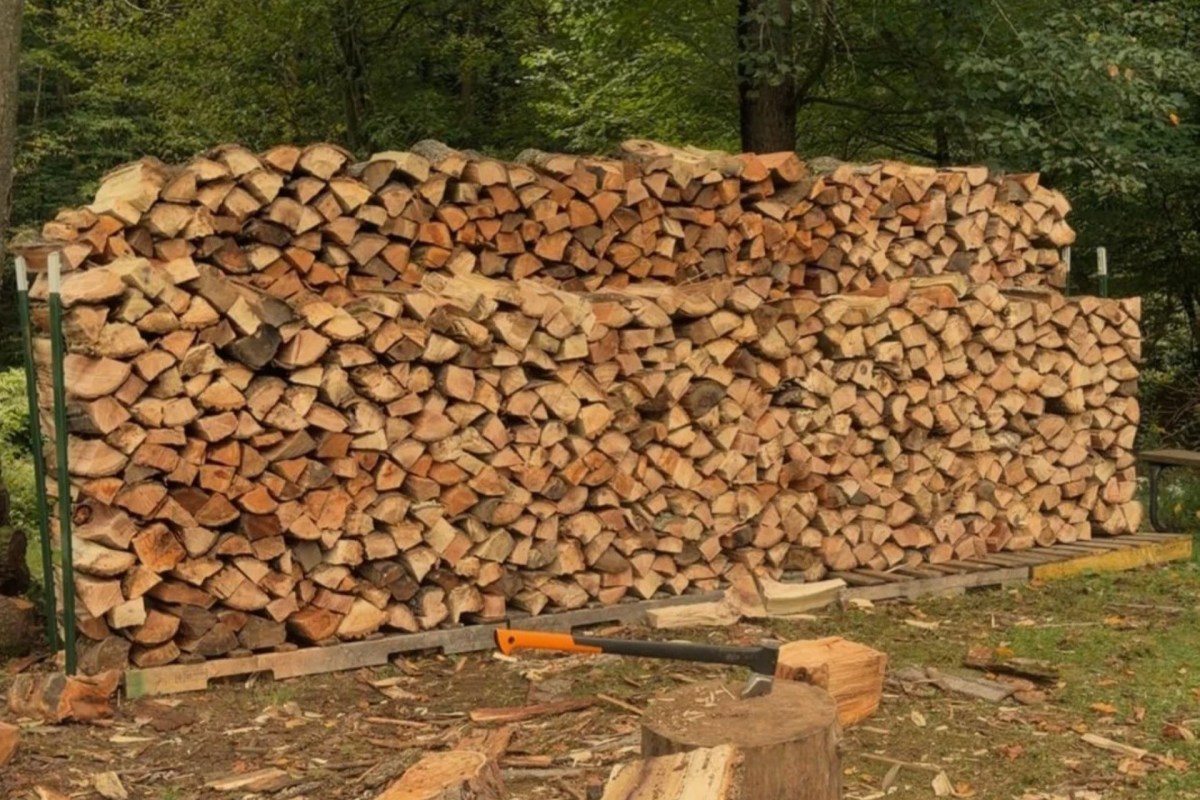 A large stack of firewood arranged neatly in a wooded area, with an axe resting on a log.