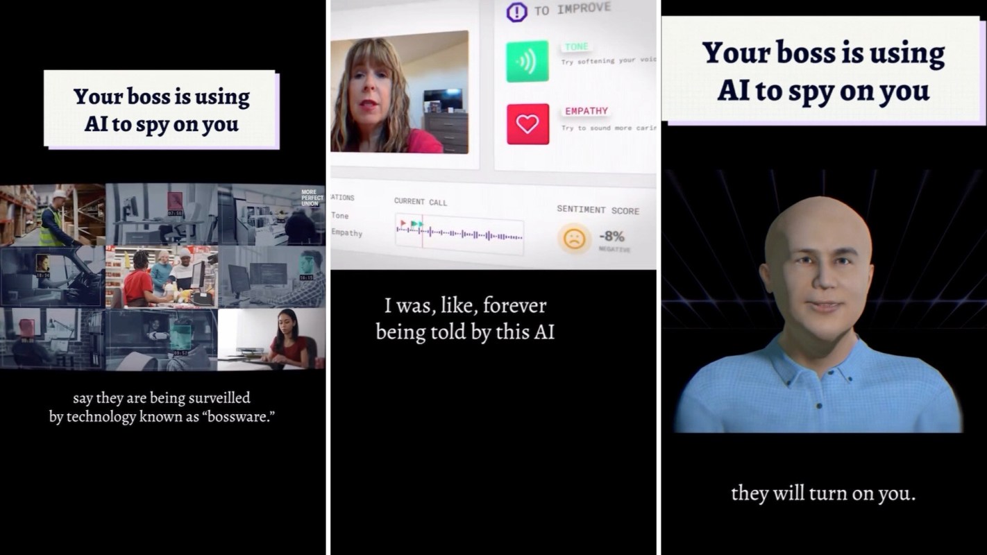 A montage of images showing people working with computers and graphics about AI surveillance.