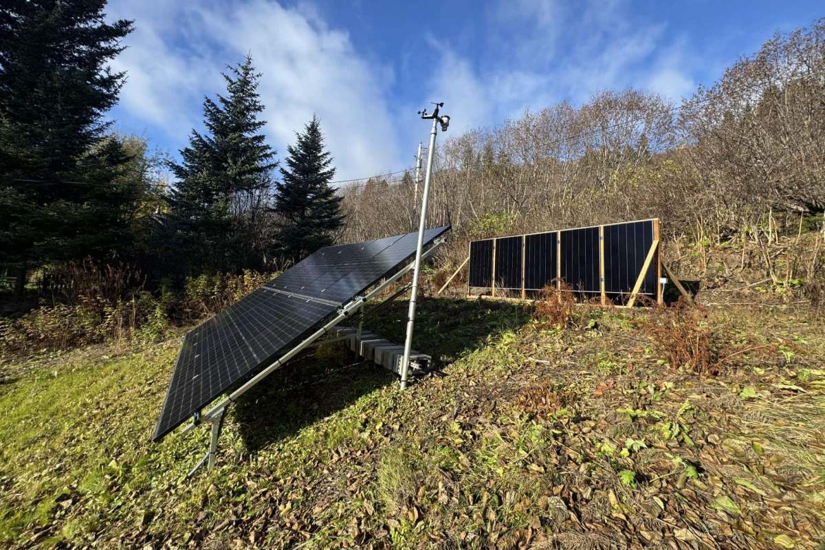 Solar panel arrays on a hillside.