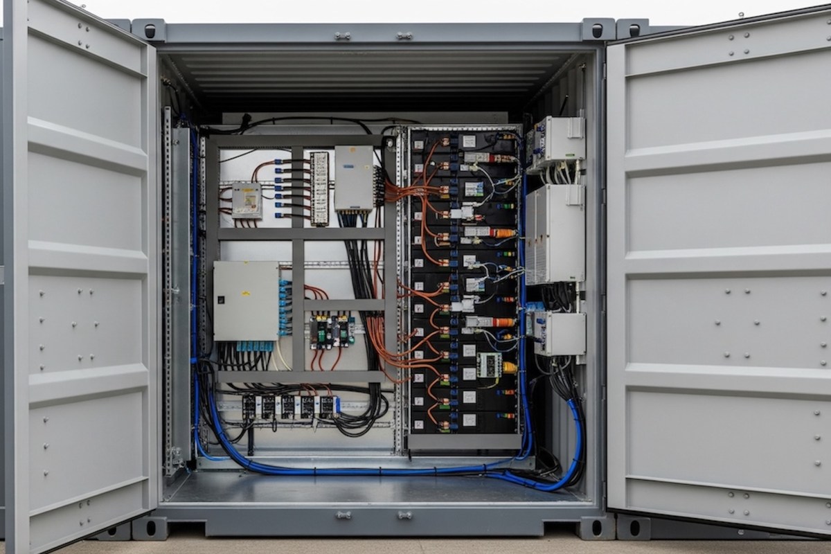An electrical control cabinet filled with various wiring and components, viewed with doors open.