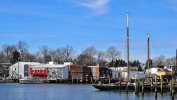 A marina at Cambridge, Maryland, with boats docked next to buildings and trees under a clear blue sky.