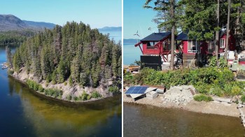 A wooded lakeshore with a red house and solar panel near the water.
