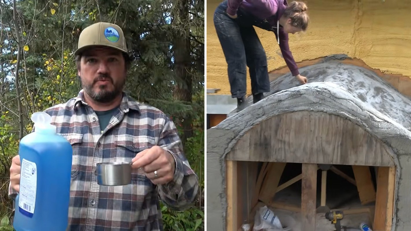 A man holding a bottle of liquid and measuring cup, while a woman works on a concrete structure.