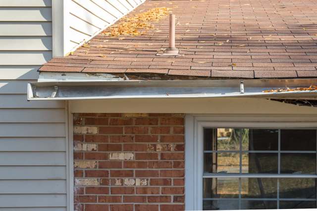 A roof with missing shingles and a gutter filled with leaves, next to a brick wall and a window.