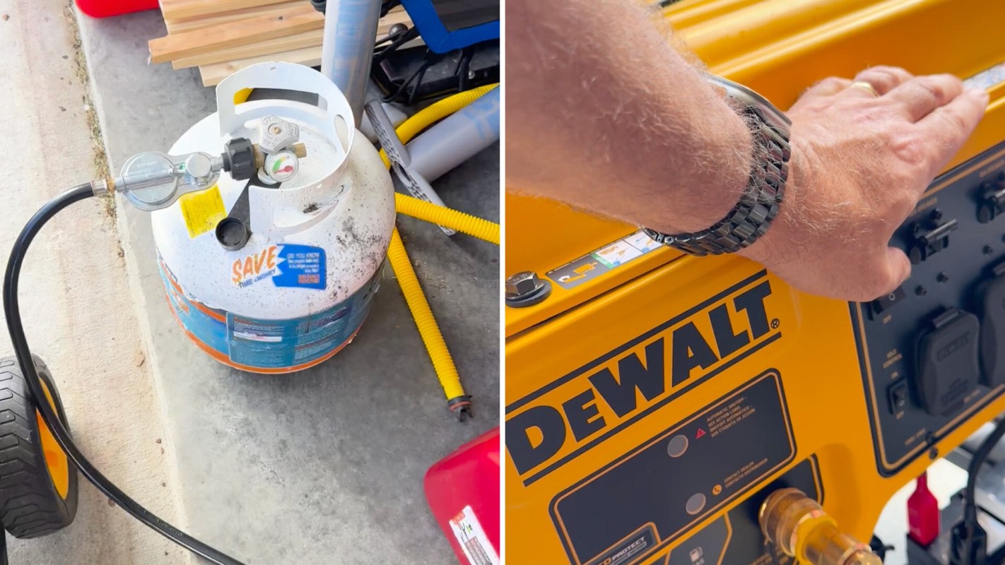 A propane tank connected to a portable generator.