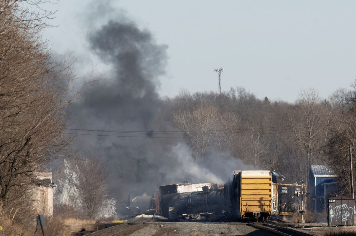 Smoke rising from a train derailment in East Palestine, Ohio.