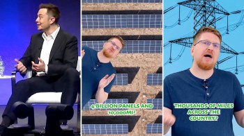 Three-panel image with Elon Musk and a man speaking, with solar panels on the ground, and electrical power lines against a blue sky.