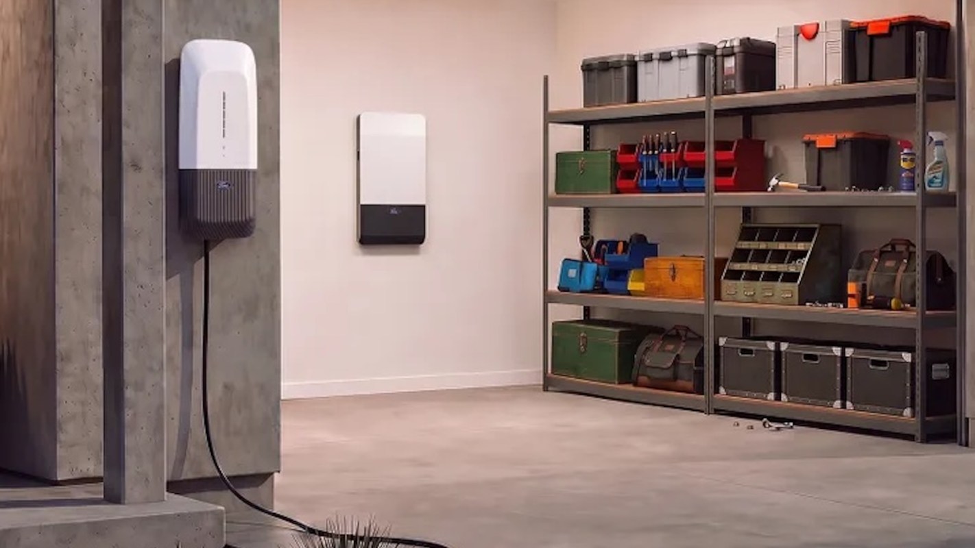 A wall-mounted battery storage unit.